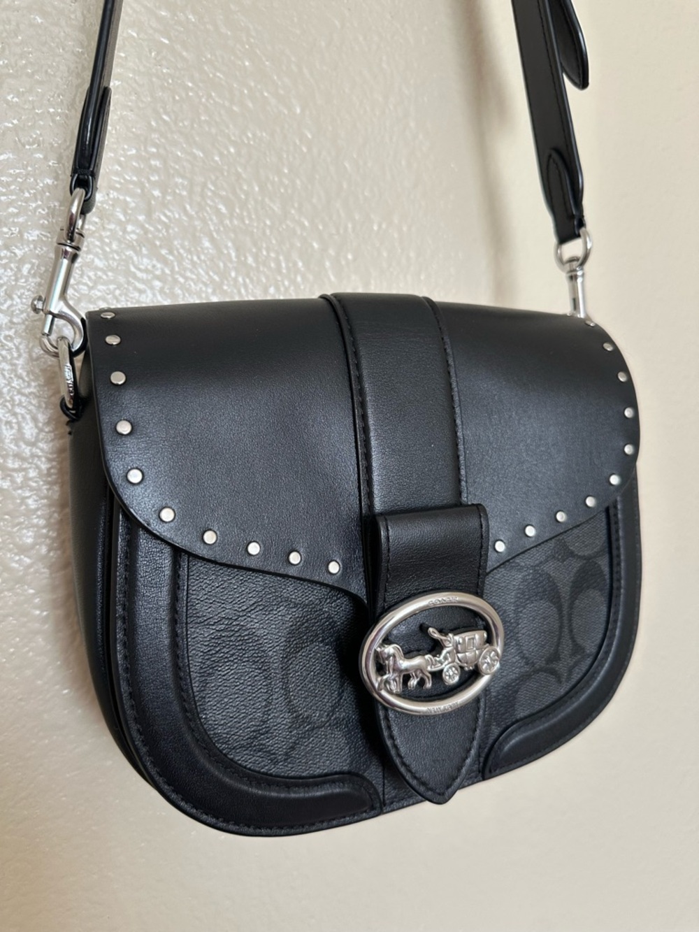Coach Black Leather and Signature Canvas Saddle Crossbody with Silver Hardware